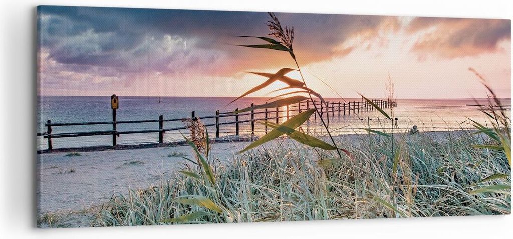 Bild auf Leinwand - Leinwandbild - Einteilig - Strand Gras Horizont - 120x50cm - Wand Bild - Wanddeko - Wandbilder - Leinwanddruck - Bilder - Wandd...