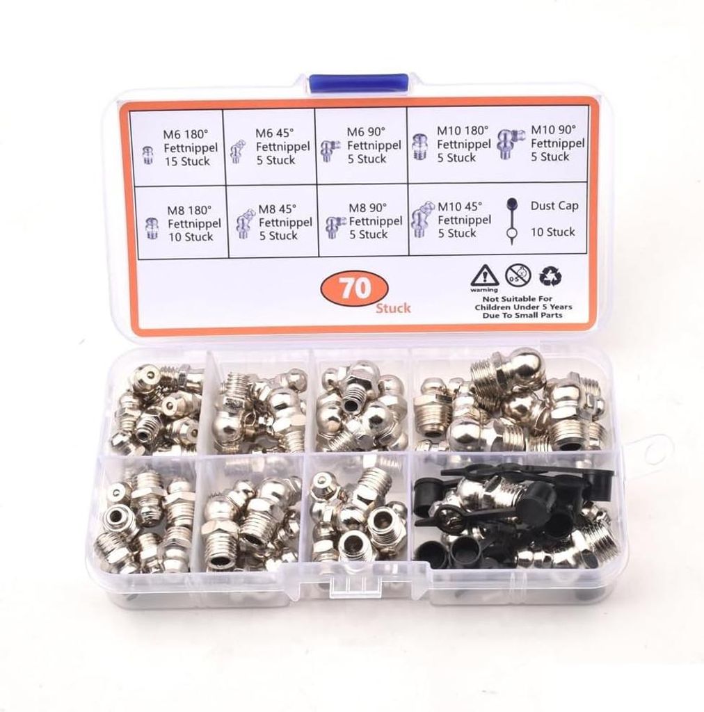 Schmiernippel Sortiment Kit,60 Stück Schmiernippel Set M6 M8 M10 Für Fettpresse, Kegelschmiernippel Für Schmierpressen Gerade Und Abgewinkelt Ge...