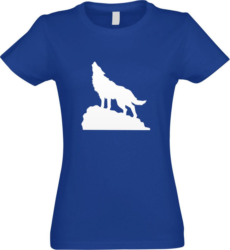 Kiwistar - T-Shirt tailliert - Damen - royal - Heulender Wolf auf Fels - mit Motiv Bedruckt - Funshirt Design - Sport - Freizeit - Damen - XXL
