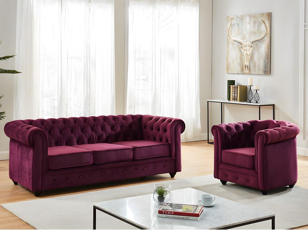 CHESTERFIELD 3-Sitzer Sofa und Sessel - Velours - lila