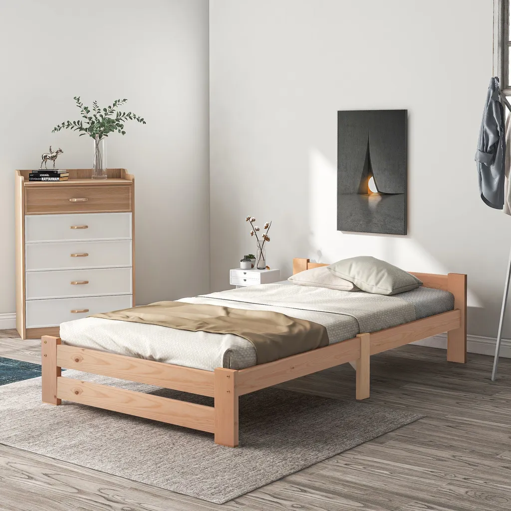 Lit en bois massif 90x200 cm avec sommier à lattes, modèle naturel - 9