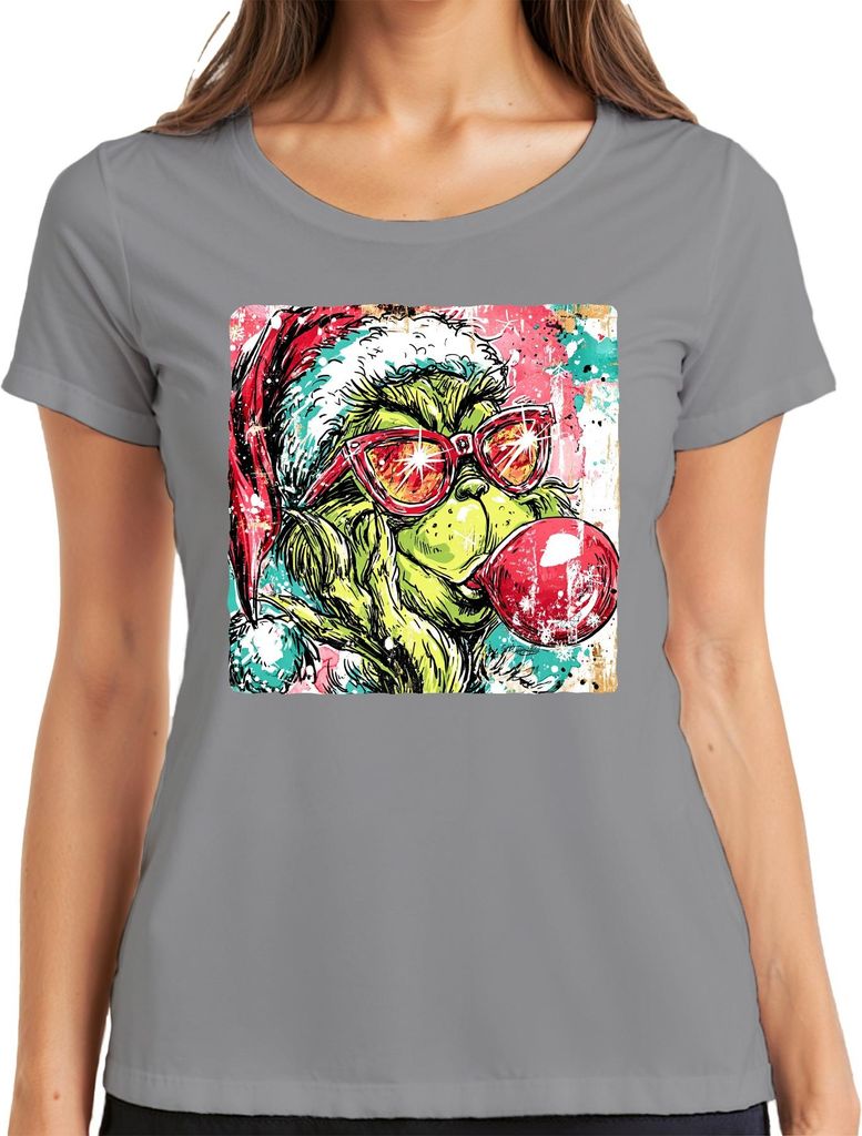 Grinch Weihnachten Santa Hat Sonnenbrille Kaugummi Pop Art Kpop Damen T-Shirt, Grau, XXL