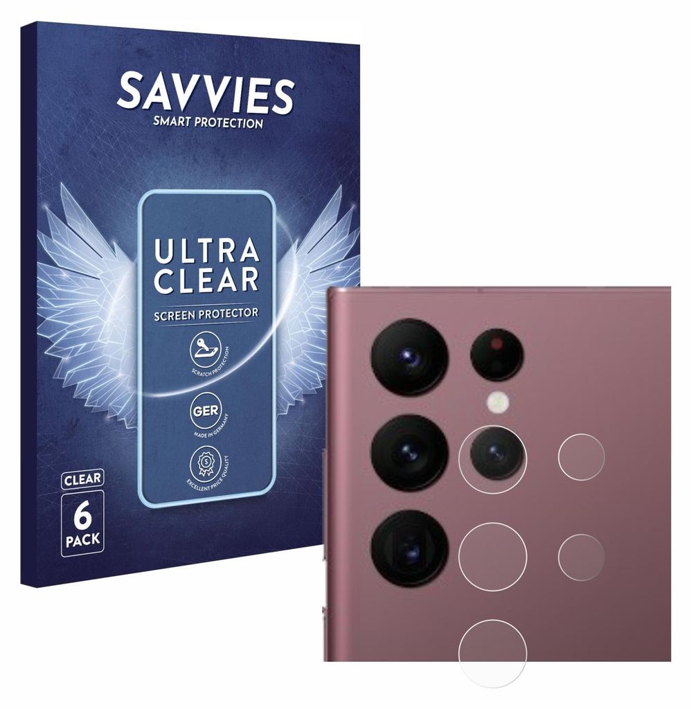 A product shot featuring packaging for screen protectors and a close-up of a smartphone camera array.