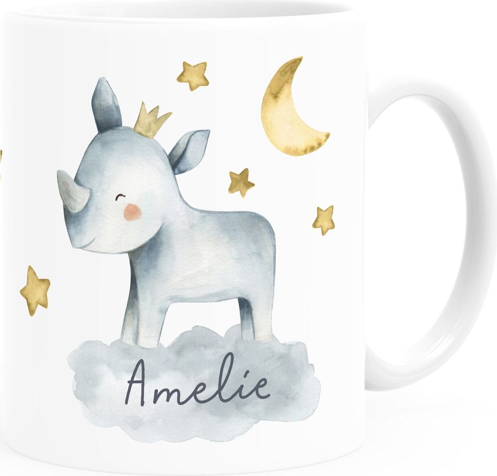 Kindertasse Safari Tiere Nashorn Löwe Elefant personalisierte Namenstasse für Jungen & Mädchen Keramik-Becher SpecialMe Nashorn weiß Keramik-...