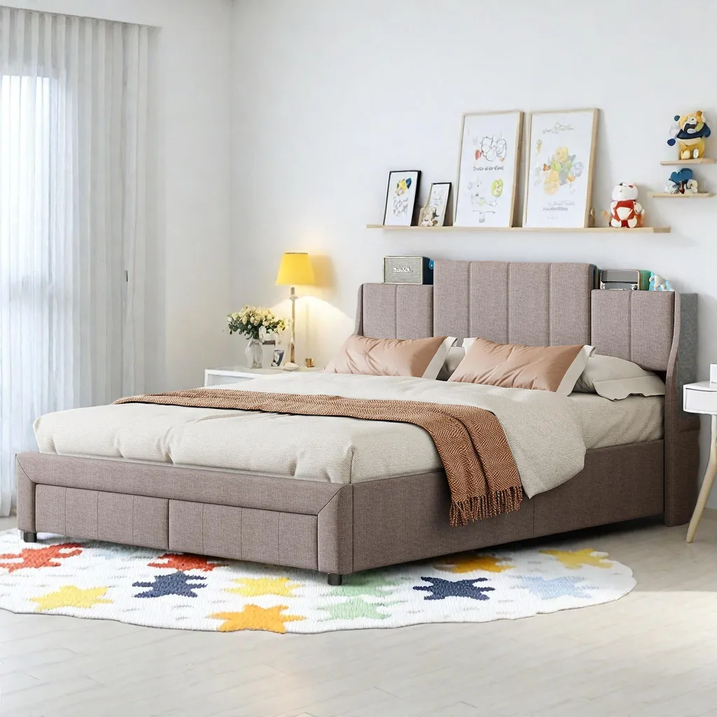 Cadre de lit coffre 160x200 gris avec tête de lit LED et rangements