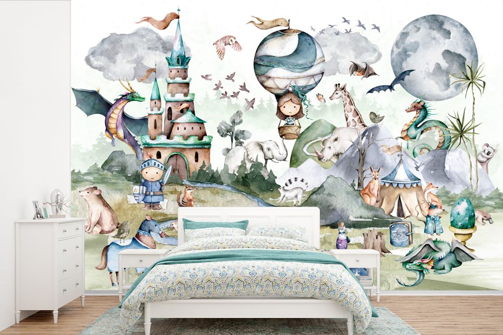MuchoWow Fototapete für Wohnzimmer oder Schlafzimmer Wandtapete Vinyl Motivtapete Kinder - Heißluftballon - Drache - Jungen - Burg - Aquarell -...