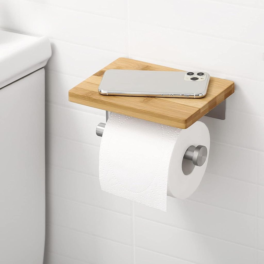 Toilettenpapierhalter mit Ablage gebürsteter Edelstahl selbstklebend Bambus Wandmontage BPH220BADM-2
