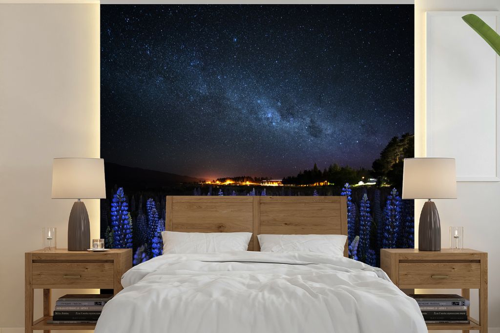 MuchoWow Fototapete für Wohnzimmer oder Schlafzimmer Wandtapete Vinyl Motivtapete Sternenhimmel - Milchstraße - Blumen - 300x300 cm - Wanddekor...