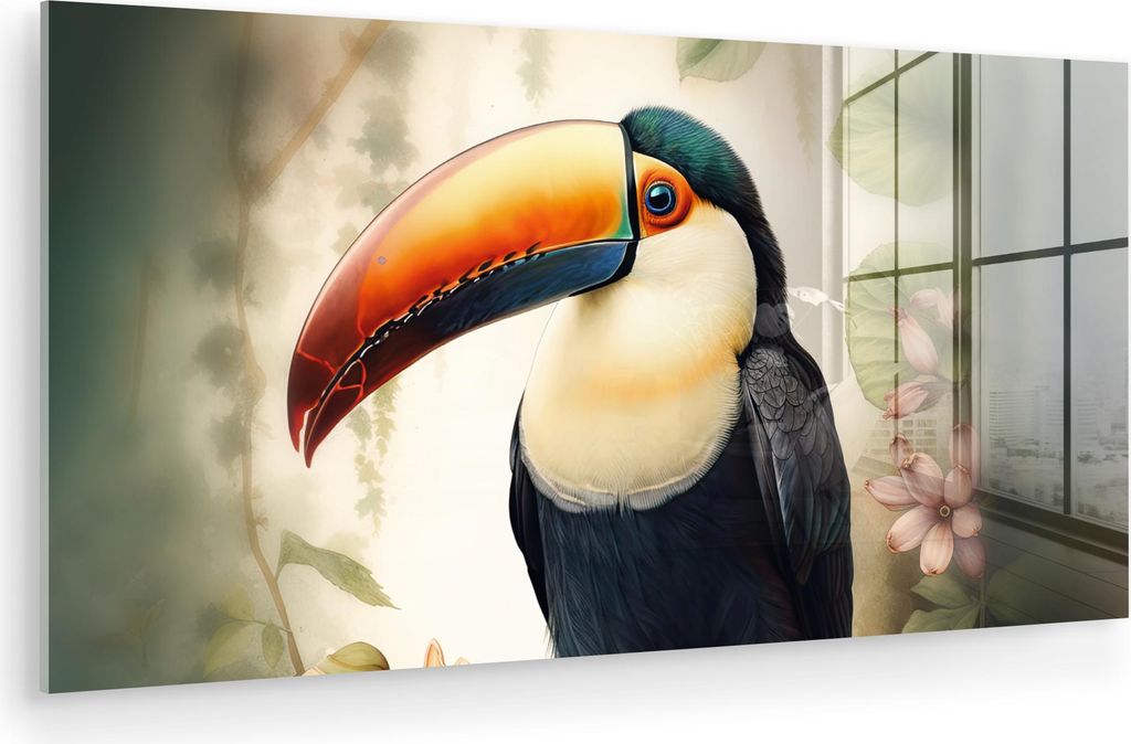 MuchoWow Glasbilder - Bilder auf Wandbild - Foto auf Glas Tukan - Vogel - Blumen - Pflanzen 40x20 cm Wanddekoration aus Glas - Acrylglasbild - Acry...