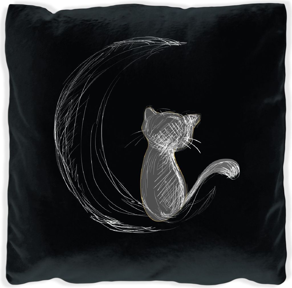Wallario Premium Kissen, weiche Oberfläche, mit Motiv Katze sitzt auf dem Mond - illustriert in weiß auf schwarz, Größe: 60 x 60 cm, mit weiße...