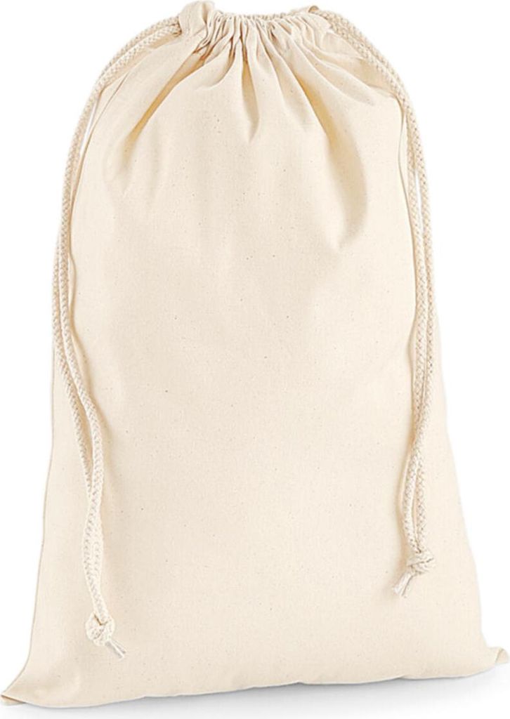 A plain, unadorned canvas drawstring bag against a white background.