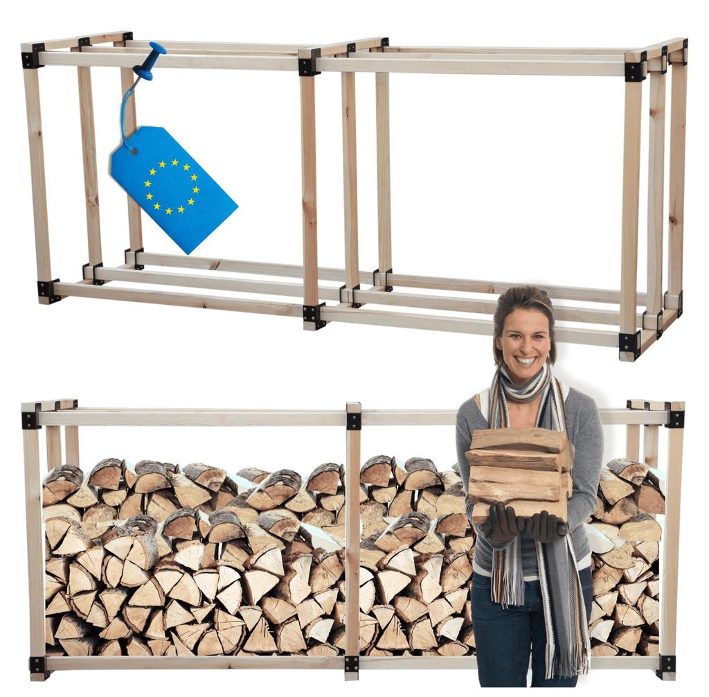 MODO24 Kaminholzregal, Holzunterstand, Brennholzregal, Holzlager, Brennholzständer, Aufbewahrung, Garten, Wetterfest, Massivholz, 124x232x80 cm, DRE