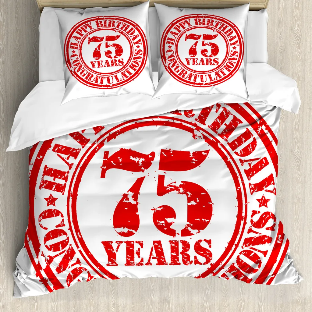 ABAKUHAUS 75° compleanno Copripiumino, Età Stampino da esposizione, Antiacaro Adatto a chi soffre di allergie con federe, 155 cm x 220 cm - 80 x 80 cm, Rosso e bianco