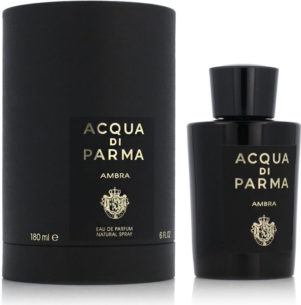 A black perfume bottle and its cylindrical packaging are displayed against a white background.