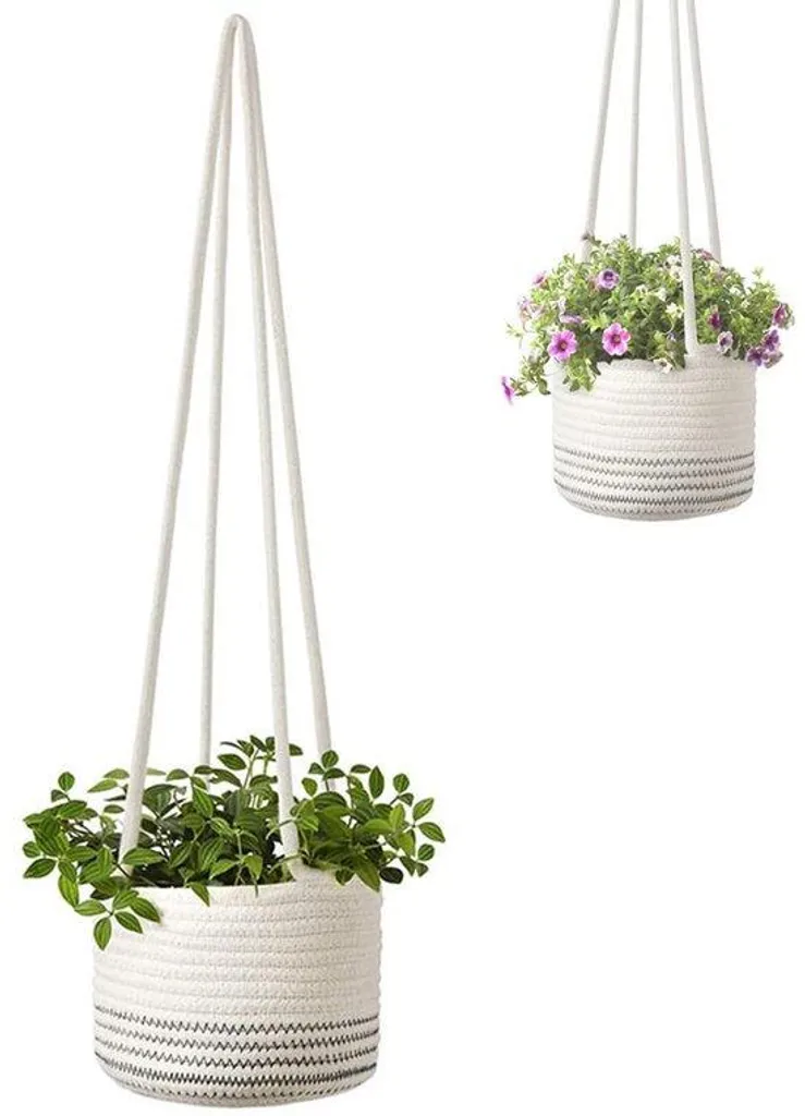 Pot de fleurs suspendu style bohème en corde de coton et paille - 20x15 cm