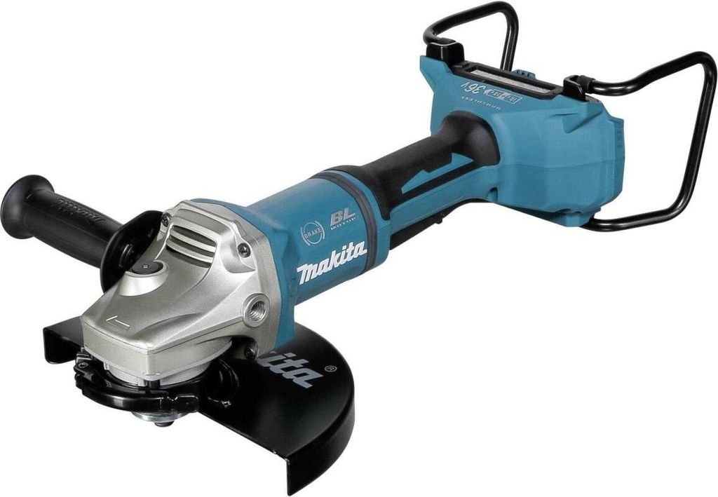 A cordless angle grinder is shown against a white background.