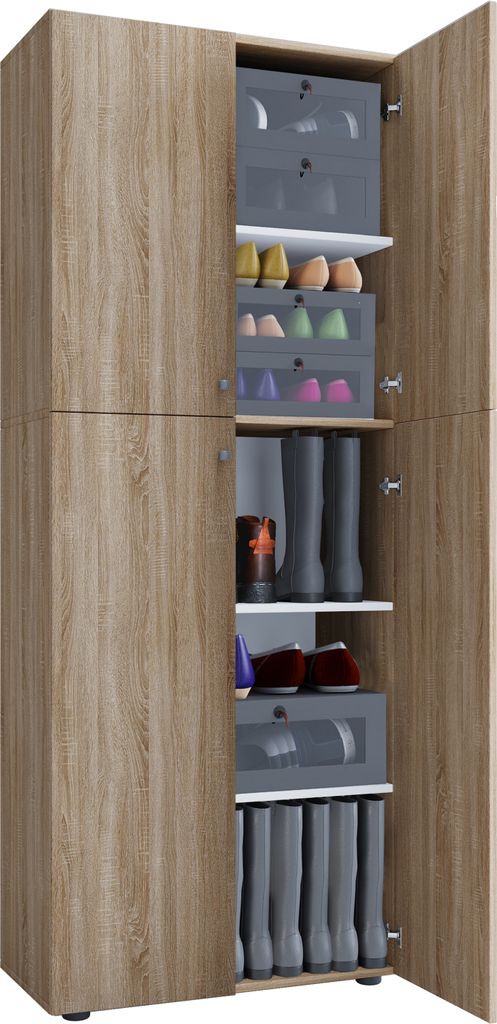 VCM Holz-Schuhschrank | Maße: B. 70 x H. 184 x T. 40 cm | Allzweckschrank | 5 Fächer | 4 Drehtüren - Lona