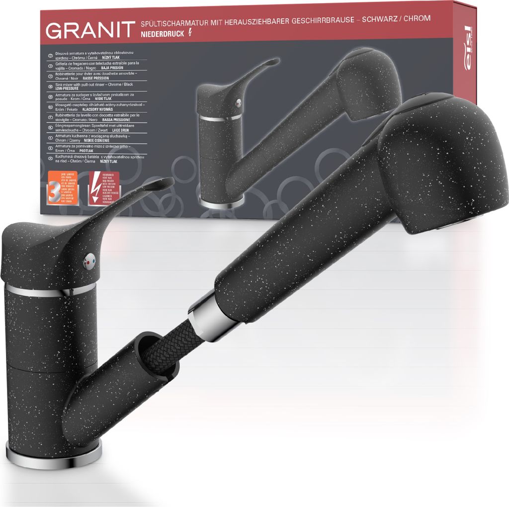 A black granite-effect kitchen faucet with a pull-out spray head is shown against a white and light gray background, with a product box in the background.