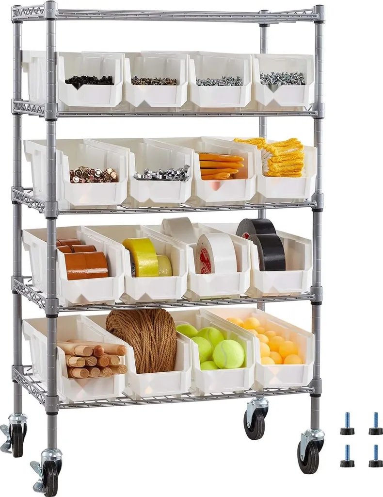 Desserte d'atelier mobile avec 16 bacs de rangement sur 5 plateaux