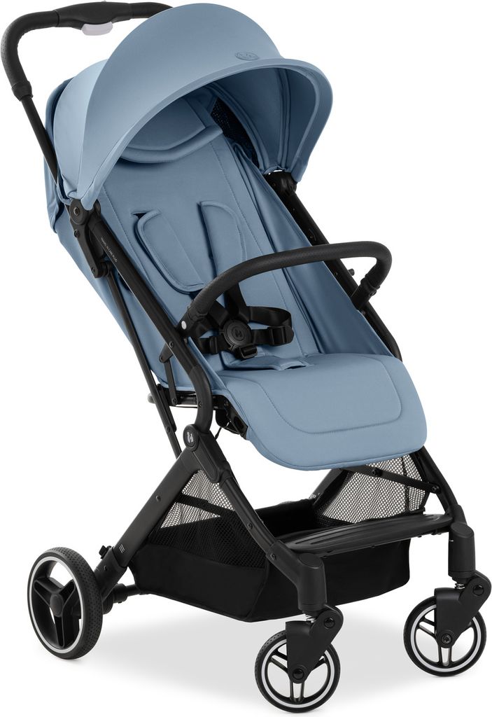 A blue and black stroller is shown against a white background.