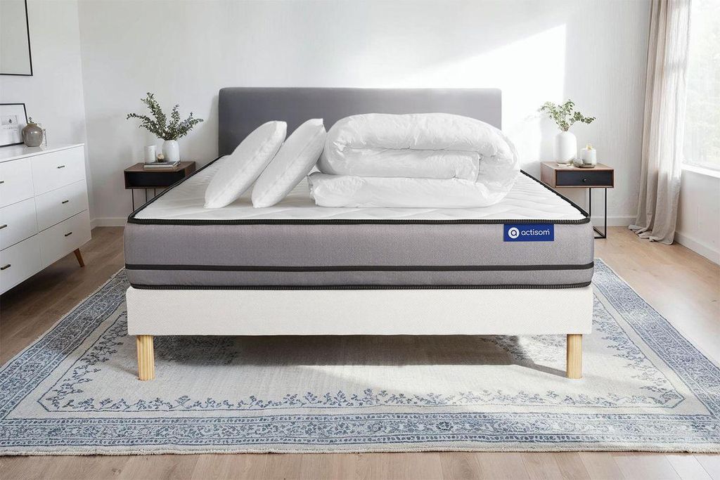 Komplettpaket Bett - Matratze 160x200 cm + Boxspringbett mit Lattenrost (im Set) + 2 Kopfkissen + Bettdecke - Actilatex Night