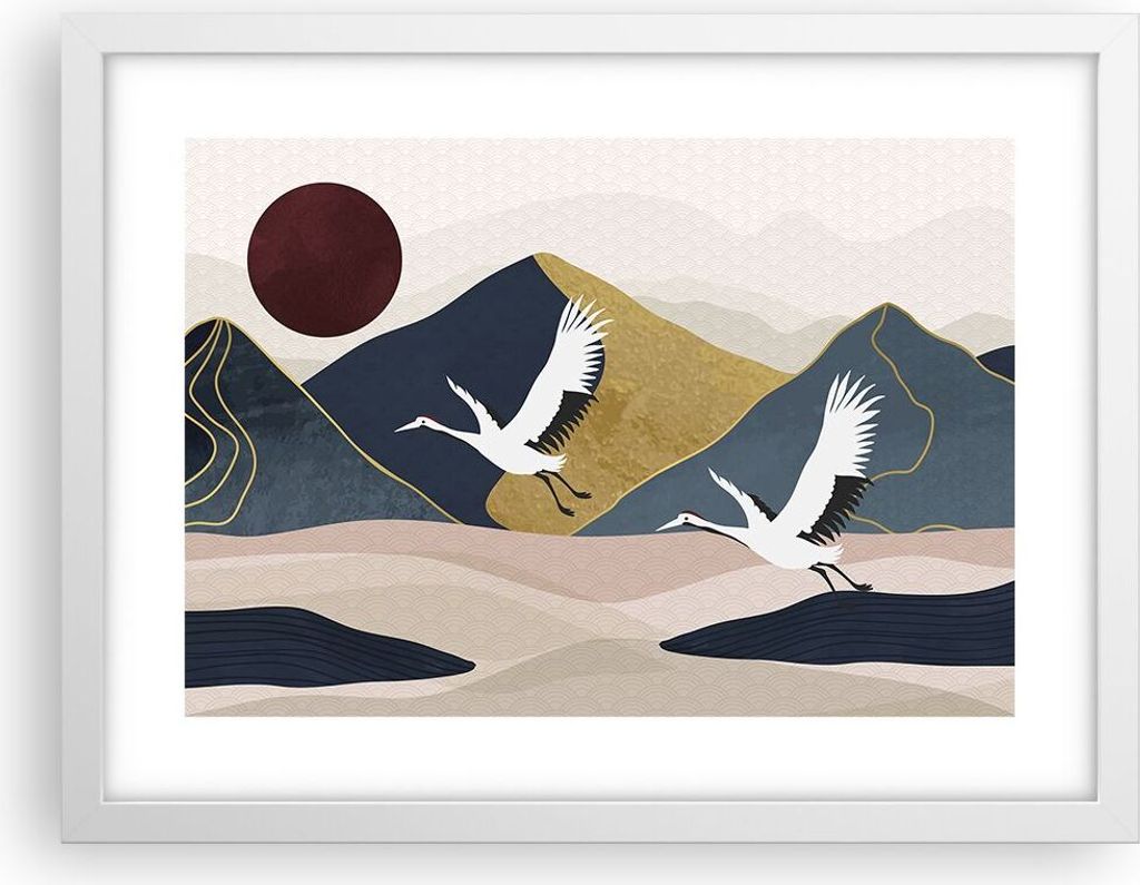 Gerahmtes Poster - Weißer Rahmen - Kraniche Berge Sonne - 40x30 cm - Wand Bild - Wanddeko - Wandbilder - Kunstposter - Wandposter - Bilderrahmen -...