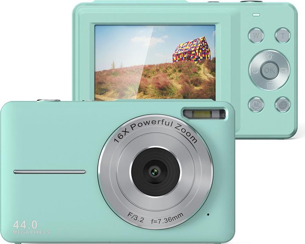 A mint green digital camera is shown from the front and side, with a picture displayed on its screen.