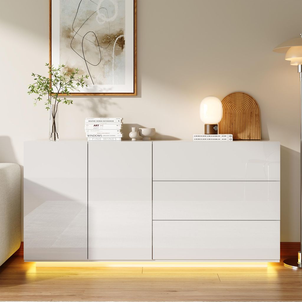 Fortuna Lai Sideboard Hochglanz Schwarz mit LED, TV-Schrank, Kommode mit 2 Schränken und 3 Schubladen, 160x35x76 cm, Schrank Vitrine, Weiß