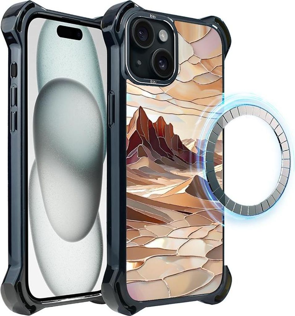 Schutzhülle für das iPhone 15 Plus, MagSafe-kompatibel, verstärkte Ecken, schwarz, Glasmalerei, Wüste, Dünen