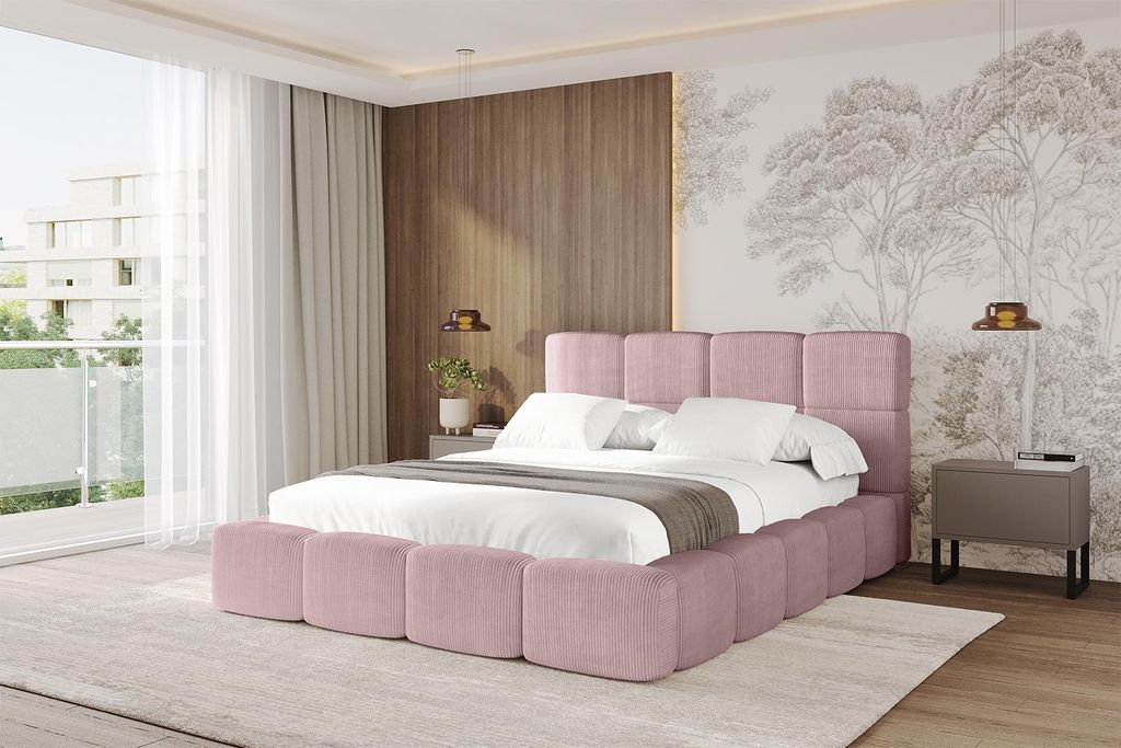 ALTDECOR Polsterbett mit Bettkasten - NATA 200x200 Rosa, Bett mit Kopfteil, Boxbett ohne Matratze, Doppelbett mit Stauraum