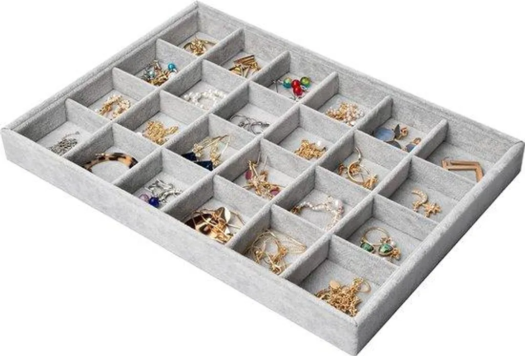 Rangement bijoux empilable 35x24x3 cm intérieur velours et vitre en verre