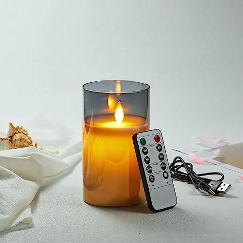 MOZC 3 Candele LED Ricaricabili Con Telecomando E Timer - Effetto Fiamma Realistica In Vetro E Cera Grigia - Ricarica USB-C Fino A 200 Ore - 3