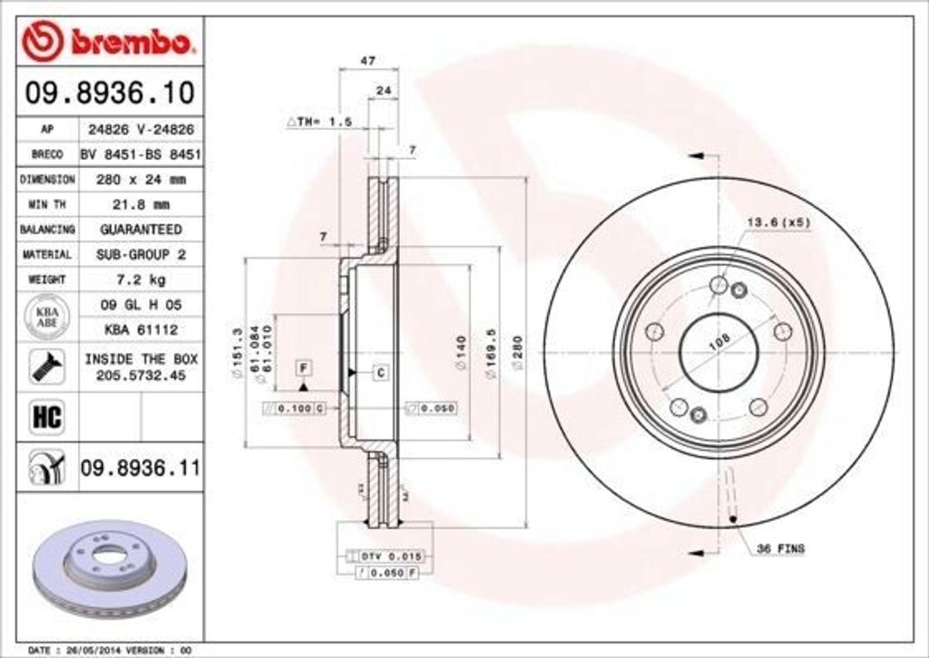 BREMBO 09.8936.11 Bremsscheibe OE 7701206613 kompatibel mit Laguna