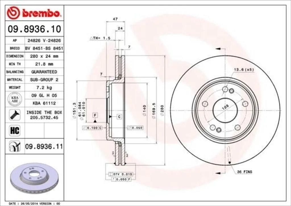 Disque de frein Brembo 09.8936.11 pour Laguna II - OE 7701206613