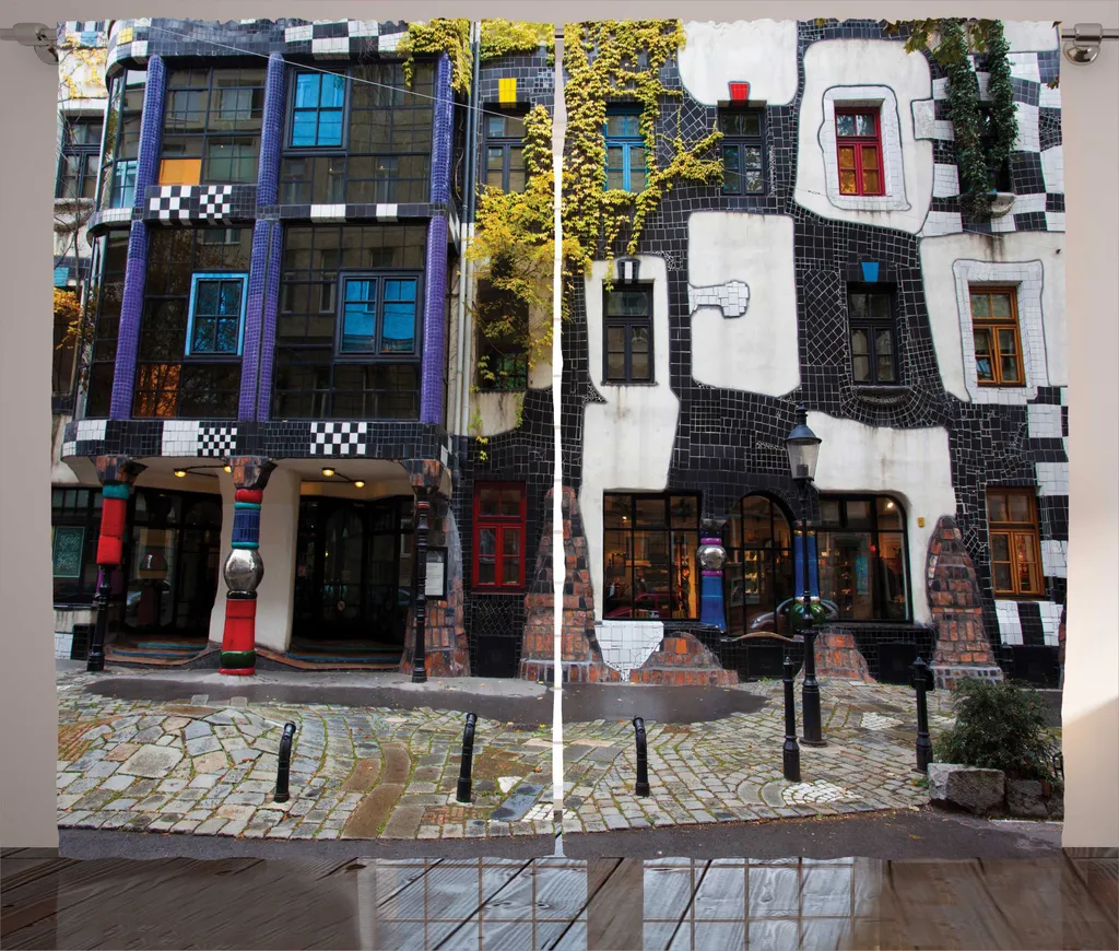 Rideau rustique multicolore avec boucles et crochets motif Maison Vienne
