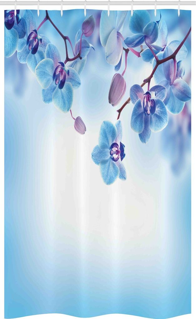 ABAKUHAUS Blume Schmaler Duschvorhang, Orchideen Natur, Badezimmer Deko Set aus Stoff mit Haken, 120 x 180 cm, Blau und Lila