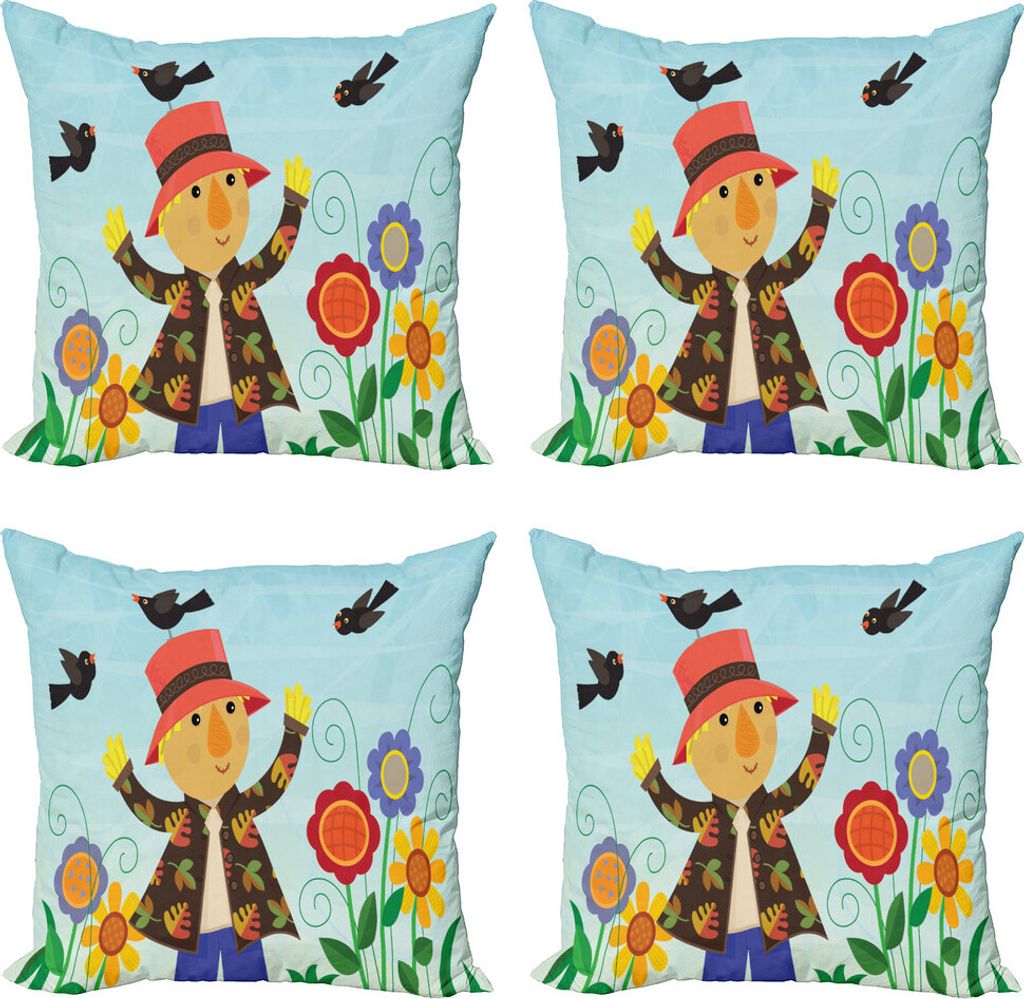 ABAKUHAUS Vogelscheuche Kissenbezug Set (4 Stück), Rustikale Szene Vogel Freunde, Moderner Doppelseitiger Digitaldruck, 45 cm x 45 cm, Mehrfarbig