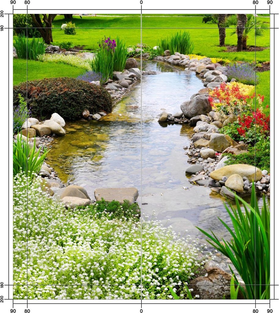 Wallario selbstklebende Duschrückwand 180 x 200 cm mit Motiv Blumen am Teich - Wandverkleidung mit Hochglanzlaminat in Glasoptik