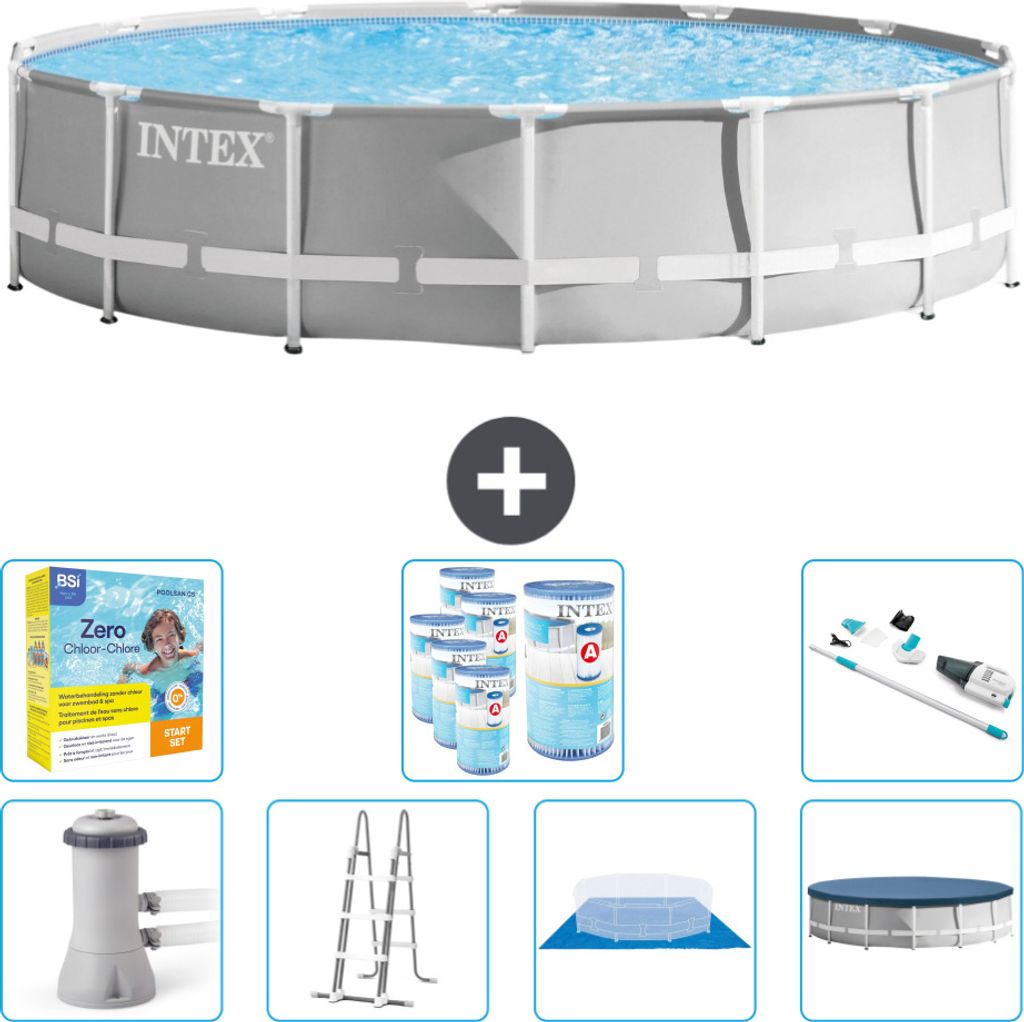 Intex Round Prism Frame Swimming Pool – 427 x 107 cm – Grau – inklusive Pumpe – Leiter – Bodenplane – Abdeckung Wartungspaket - Filter ...