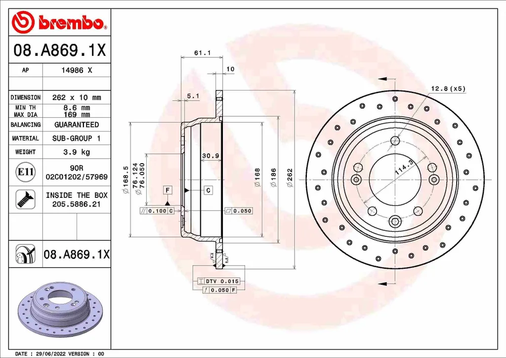 Brembo 08.A869.1X Disque de Frein Xtra pour i30 FD et Kia CeeD ED