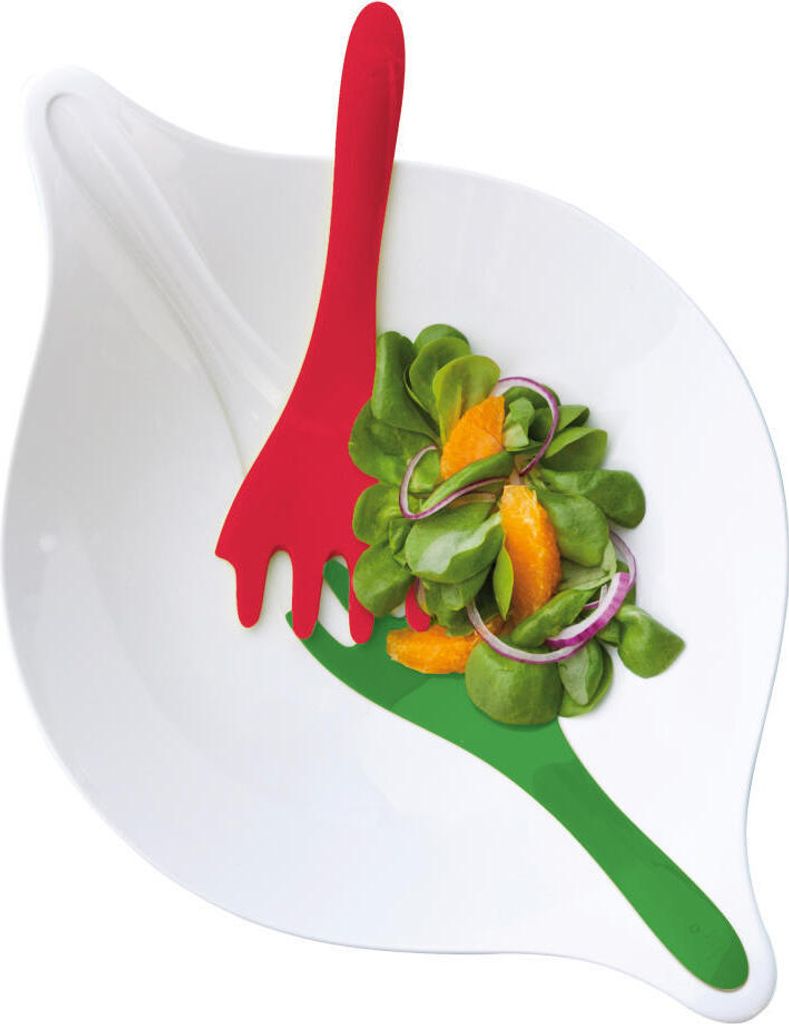 Koziol Leaf L+, Salatschale mit Besteck, Schüssel, Salatschüssel, Salat Schale, 3 L, Weiß mit Rot / Grün, 3692820