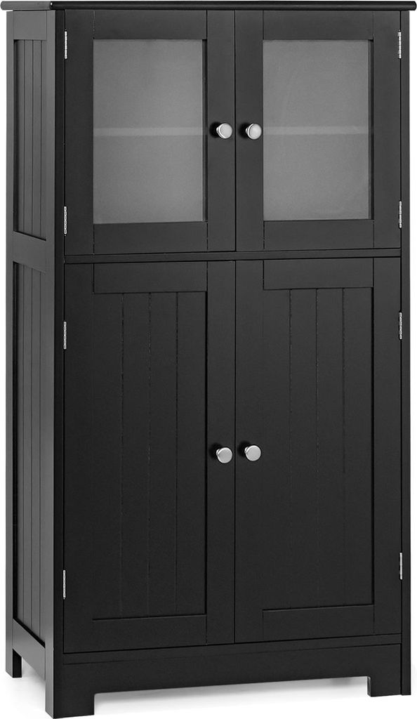 COSTWAY Badezimmerschrank mit Glastüren & verstellbarem Regal, Badschrank Hochschrank Holz, Badkommode Aufbewahrungsschrank, Schwarz