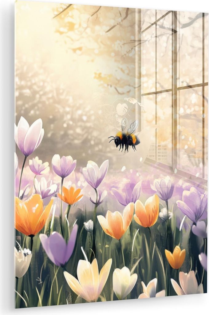 MuchoWow Glasbilder - Bilder auf Wandbild - Foto auf Glas Veilchen - Biene - Sonnenlicht 60x80 cm Wanddekoration aus Glas - Acrylglasbild - Acrylbi...