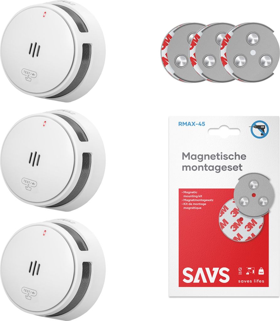 SAVS S10 Rauchmelder mit Magnetbefestigung - 3 Stück - 10 Jahre Batterie - Kompaktes Design - Entspricht der europäischen Norm - Brandalarm
