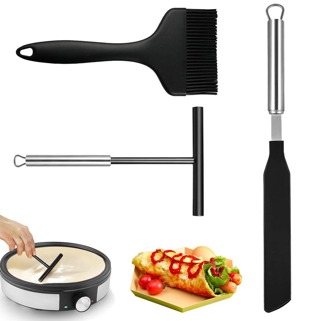 3-teiliges Crêpe-Set mit Teigverteiler und Spatel, Crêpe-Wender aus Edelstahl mit Silikonpinsel, Teigverteiler, Pfannkuchenwender, zum Backen und...