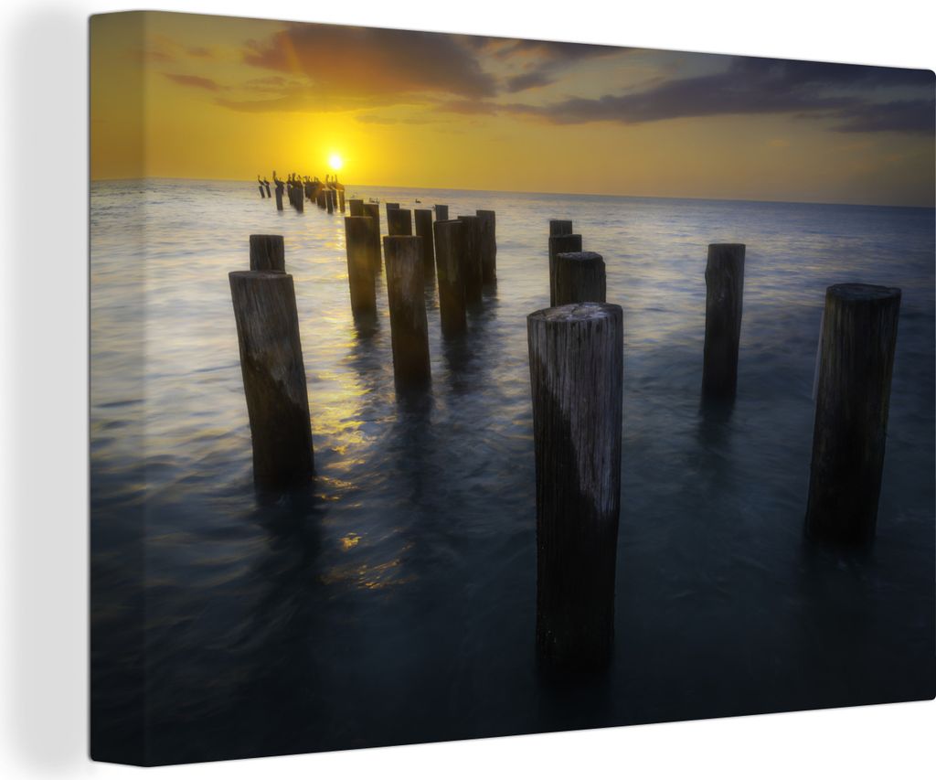 OneMillionCanvasses - Leinwandbilder - 140x90 cm, Holzpfähle im Golf von Mexiko bei Sonnenuntergang, Florida, Wandbilder Kunstdruck Wanddekorati...