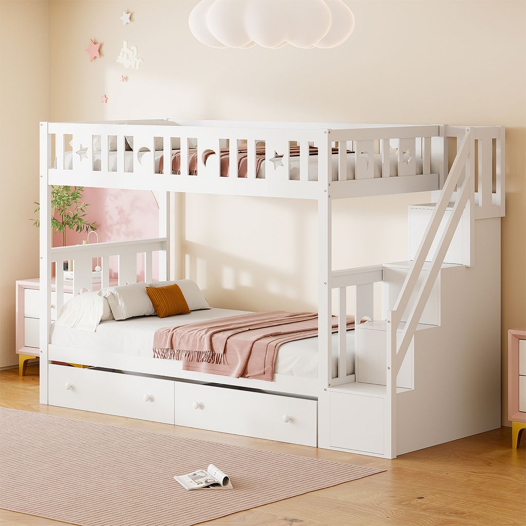 Hausbett mit Sicherheitstreppe und Schubladen Massivholz Etagenbett Kinderbett 90*200/90*200cm Weiß