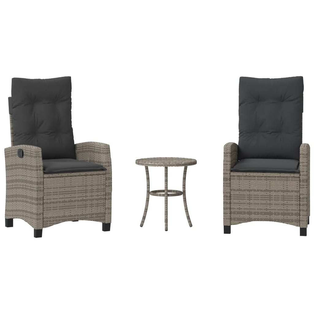 3-tlg. Bistro-Set mit Kissen Grau Poly Rattan
