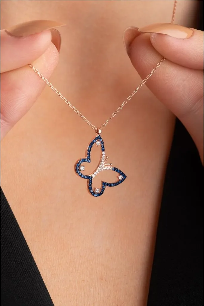 Collier papillon argent et pierres zircone bleues - Maille ajustable