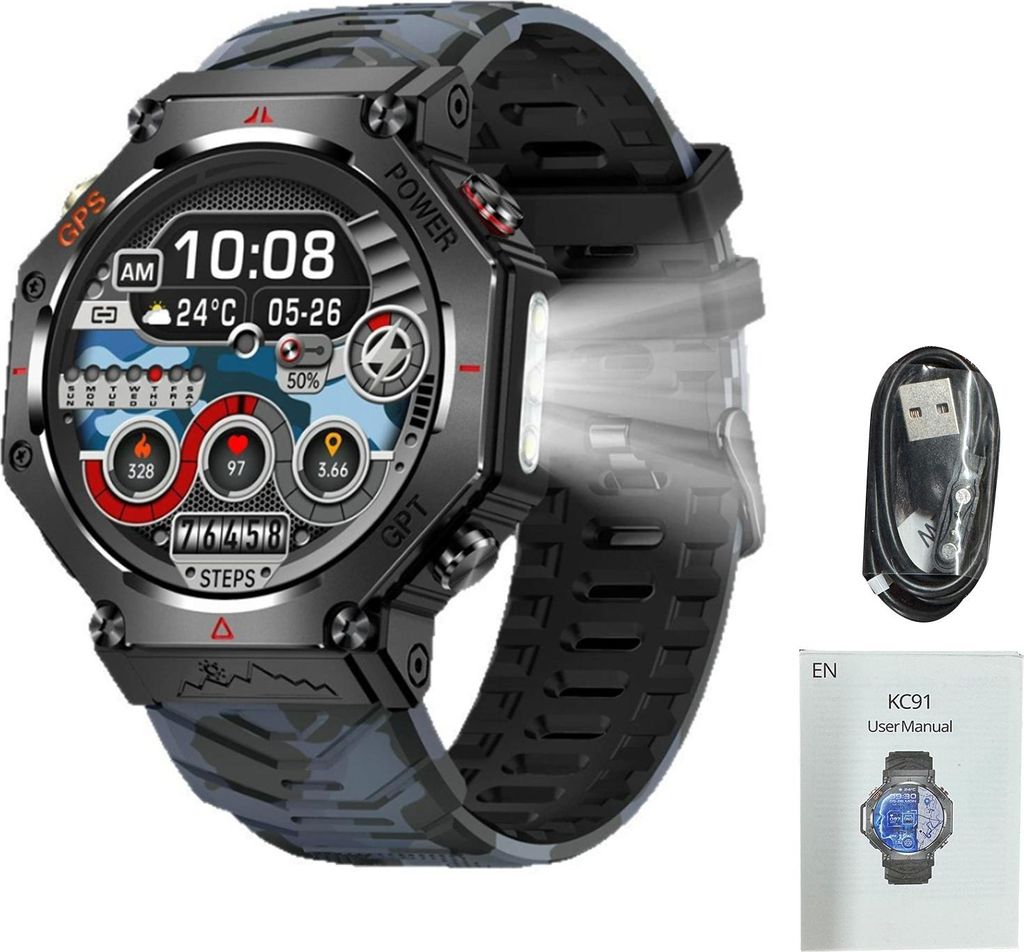 Smart Sport Watch mit GPS Position GPT Support 30M Regenfeste Smartwatch für Männer Frauen Schwarz Blau